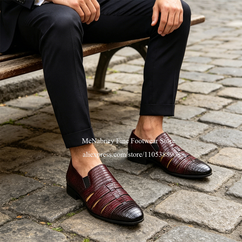 Men Formal Wear Dress - Breathable Cutout Burgundy Black Lizard Leather